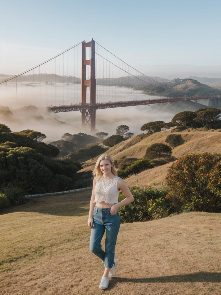 her name is Elle, high quality, 1girl, ((20-year-old fit Caucasian woman)), ((20 years old)), ((fit)), ((pale skin)), short bob blonde hair , wearing Crochet Crop Top + High-Waisted Linen Pants, pose: standing, background: Capture the iconic view of San Francisco's Golden Gate Bridge, shrouded in morning fog, with the city's rolling hills and colorful Victorian houses in the background.
