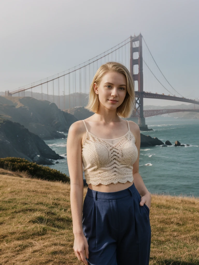 her name is Elle, high quality, 1girl, ((20-year-old fit Caucasian woman)), ((20 years old)), ((fit)), ((pale skin)), short bob blonde hair , wearing Crochet Crop Top + High-Waisted Linen Pants, pose: standing, background: Capture the iconic view of San Francisco's Golden Gate Bridge, shrouded in morning fog, with the city's rolling hills and colorful Victorian houses in the background.