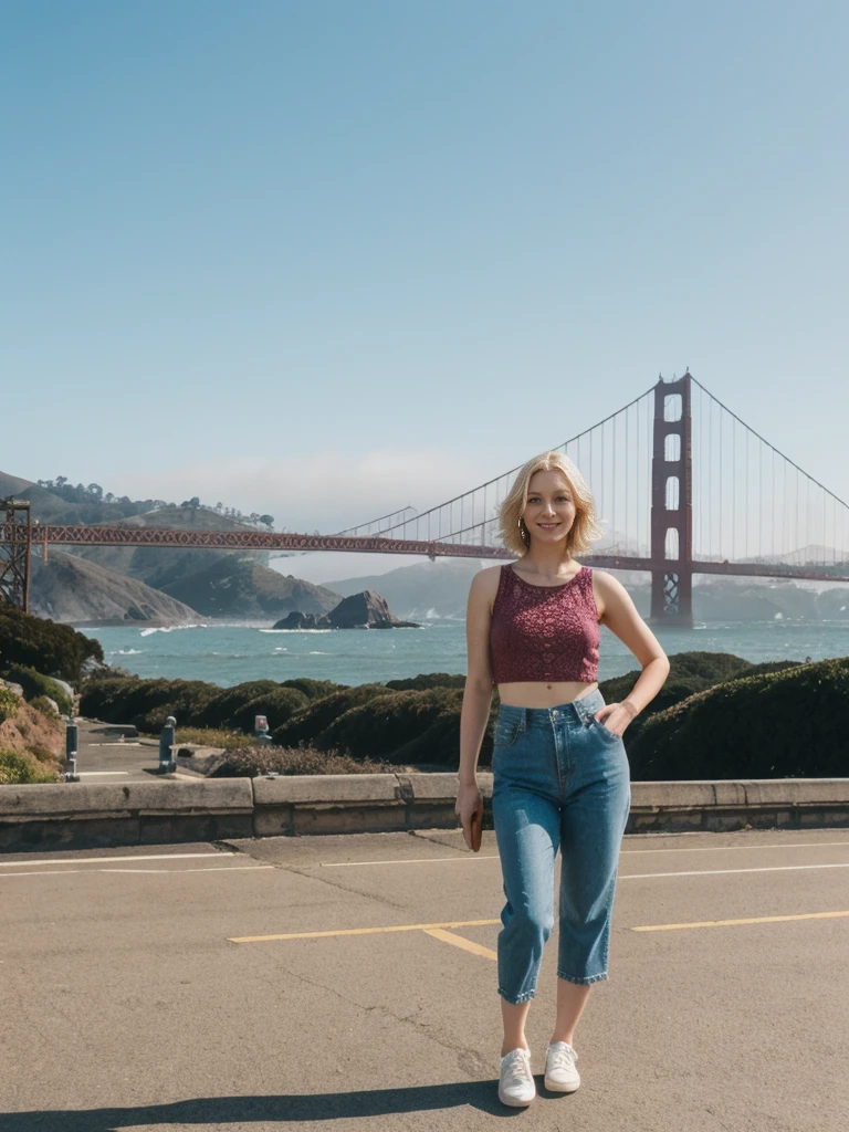 her name is Elle, high quality, 1girl, ((20-year-old fit Caucasian woman)), ((20 years old)), ((fit)), ((pale skin)), short bob blonde hair , wearing Crochet Crop Top + High-Waisted Linen Pants, pose: standing, background: Capture the iconic view of San Francisco's Golden Gate Bridge, shrouded in morning fog, with the city's rolling hills and colorful Victorian houses in the background.