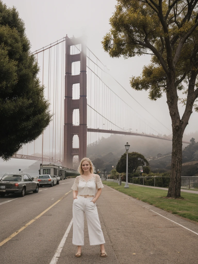 her name is Elle, high quality, 1girl, ((20-year-old fit Caucasian woman)), ((20 years old)), ((fit)), ((pale skin)), short bob blonde hair , wearing Crochet Crop Top + High-Waisted Linen Pants, pose: standing, background: Capture the iconic view of San Francisco's Golden Gate Bridge, shrouded in morning fog, with the city's rolling hills and colorful Victorian houses in the background.