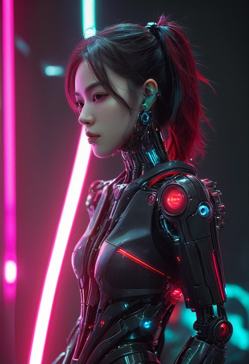 xxmixgirl. Highly detailed professional 35mm film, bokeh, face in sharp focus. A robotic female, Miku, with ((metal skin)), ((perfect Asian eyes)) with magenta irises and ((black pupils)), beautiful serious (detailed face), 18 year old ((photorealistic face)), very long magenta twin tails of magenta hair, twin black hair ties with a single red stripe. She may have a black audio headpiece. We can see her ((full body)) down to her boot soles. Her outfit is a sleeveless collared light grey shirt, outlined in red around the frilled collar and hems. Shiny reflective ((metallic breast cups, dimpleless)), invisible nipples. She wears black sleeves with red hems that start around her upper arm and bellow out as the sleeves open and extend to her wrists, with wide trumpet red rimmed cuffs. She has perfect robotic (detailed hands). She wears a red colored tie with two horizontal solid parallel black lines halfway across. She wears a fabric black skirt with a horizontal red hem at the bottom all the way around; her (((black skirt wraps around her))) and ((her skirt completely covers)) her robotic waist and thighs. Tall black boots with red bottom soles, a red rim around the top at her thighs. Her mechanical shoulder joints are visible. We can see her robotic legs and robotic neck. Half of her is covered with shiny polished machinery. The background is a distant dark neon futuristic Japanese city, gold, cyan, violet neon, near harbor or mountains.