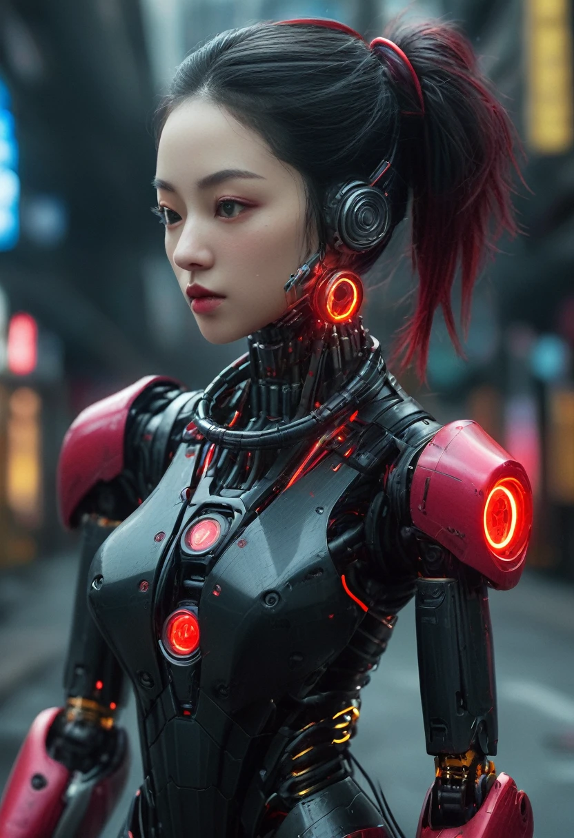 xxmixgirl. Highly detailed professional 35mm film, bokeh, face in sharp focus. A robotic female, Miku, with ((metal skin)), ((perfect Asian eyes)) with magenta irises and ((black pupils)), beautiful serious (detailed face), 18 year old ((photorealistic face)), very long magenta twin tails of magenta hair, twin black hair ties with a single red stripe. She may have a black audio headpiece. We can see her ((full body)) down to her boot soles. Her outfit is a sleeveless collared light grey shirt, outlined in red around the frilled collar and hems. Shiny reflective ((metallic breast cups, dimpleless)), invisible nipples. She wears black sleeves with red hems that start around her upper arm and bellow out as the sleeves open and extend to her wrists, with wide trumpet red rimmed cuffs. She has perfect robotic (detailed hands). She wears a red colored tie with two horizontal solid parallel black lines halfway across. She wears a fabric black skirt with a horizontal red hem at the bottom all the way around; her (((black skirt wraps around her))) and ((her skirt completely covers)) her robotic waist and thighs. Tall black boots with red bottom soles, a red rim around the top at her thighs. Her mechanical shoulder joints are visible. We can see her robotic legs and robotic neck. Half of her is covered with shiny polished machinery. The background is a distant dark neon futuristic Japanese city, gold, cyan, violet neon, near harbor or mountains.