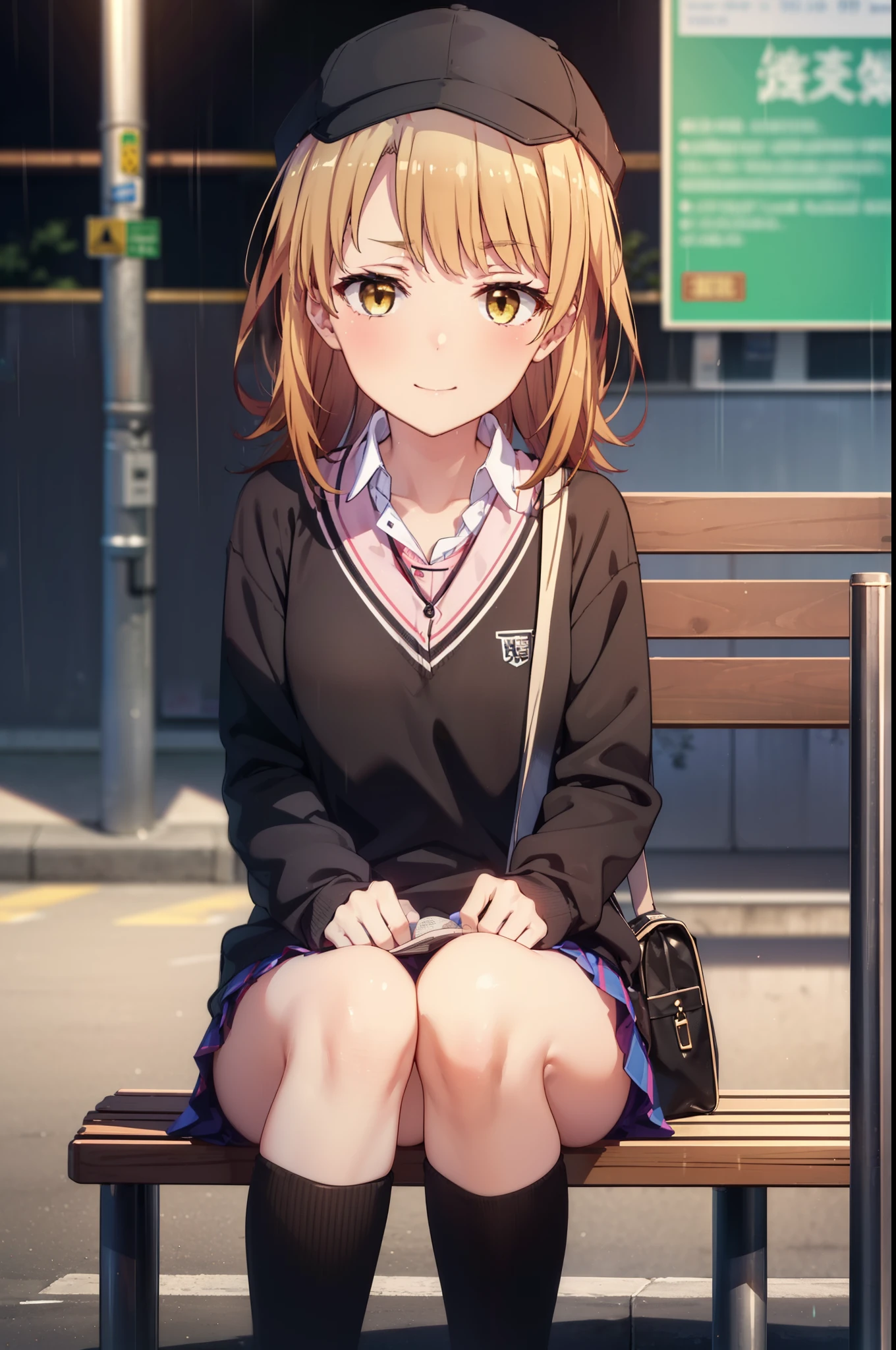 Irohaisshiki, isshiki iroha, Long Hair, Brown Hair, (Brown eyes:1.5), happy smile, smile, Close your mouth,blush,rain,night,Baseball hats,Pink oversized hoodie,V-neck shirt,mini skirt,Black pantyhose,short boots,Sitting on a bus stop bench、,Hidden in a covered building bus stop,whole bodyがイラストに入るように,
break outdoors, バス停
break looking at viewer,whole body,
break (masterpiece:1.2), Highest quality, High resolution, unity 8k wallpaper, (figure:0.8), (Beautiful attention to detail:1.6), Highly detailed face, Perfect lighting, Highly detailed CG, (Perfect hands, Perfect Anatomy),