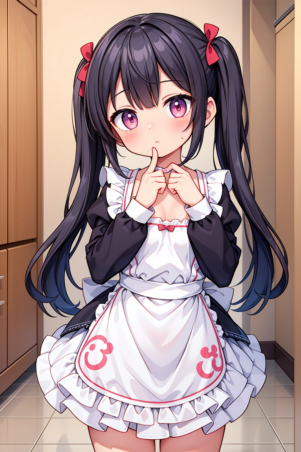 (8K, Highest image quality, highest quality, masterpiece), detailed face, ((****)), ((girl)), (little **** curve), black hair, short twintails, pink eyes, (tiny breasts), (naked apron), cowboy shot, put your hand on your mouth, kitchen background, ((very blushing)), ((detailed hands and fingers)), viewer perspective from below, (blush)