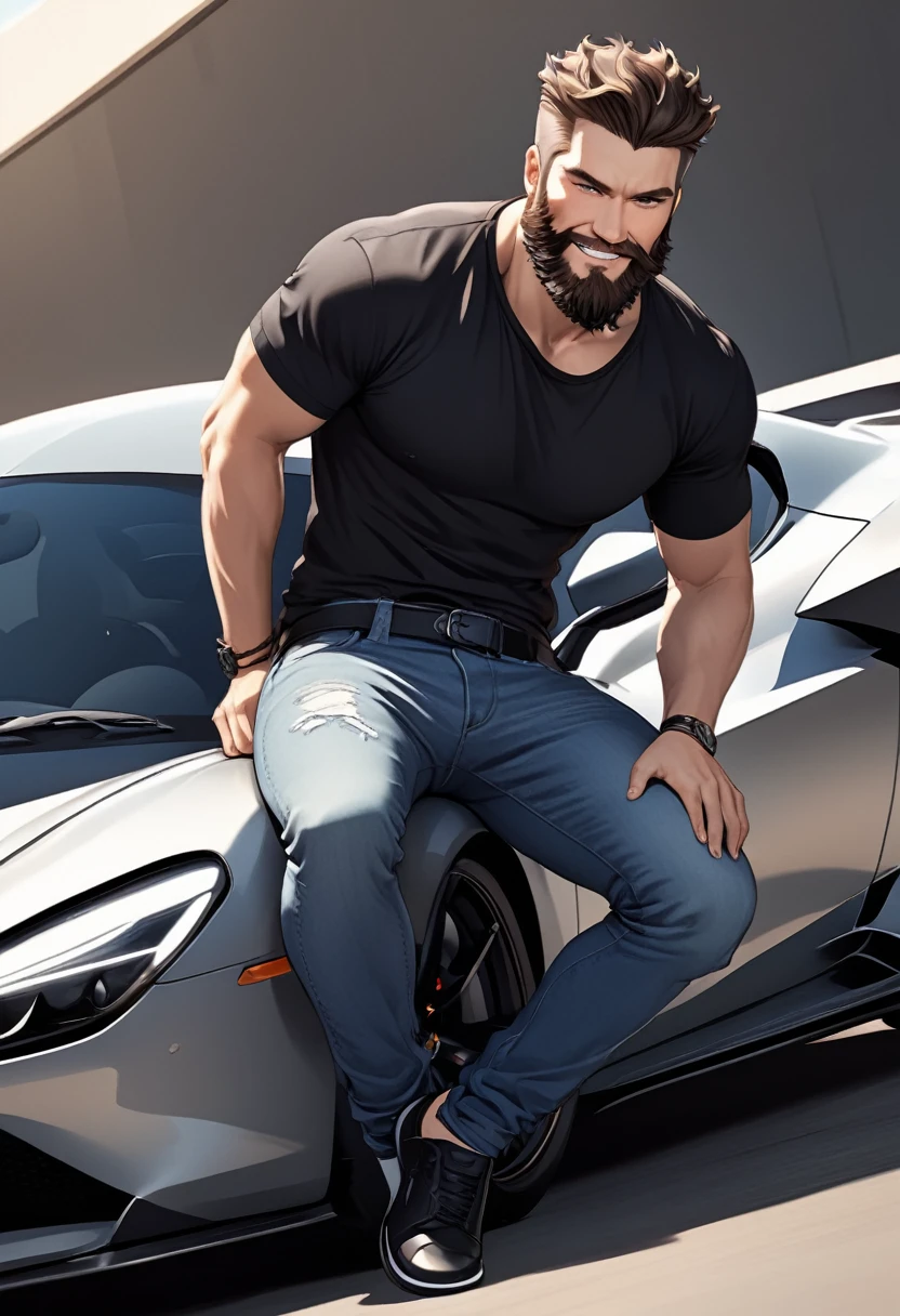 detailed illustration, dynamic angle, ultra-detailed, illustration, 1man, youthful, smirk, black shirt, jeans, sitting on a sports car, sexy, seductive, beard, smile, cruel