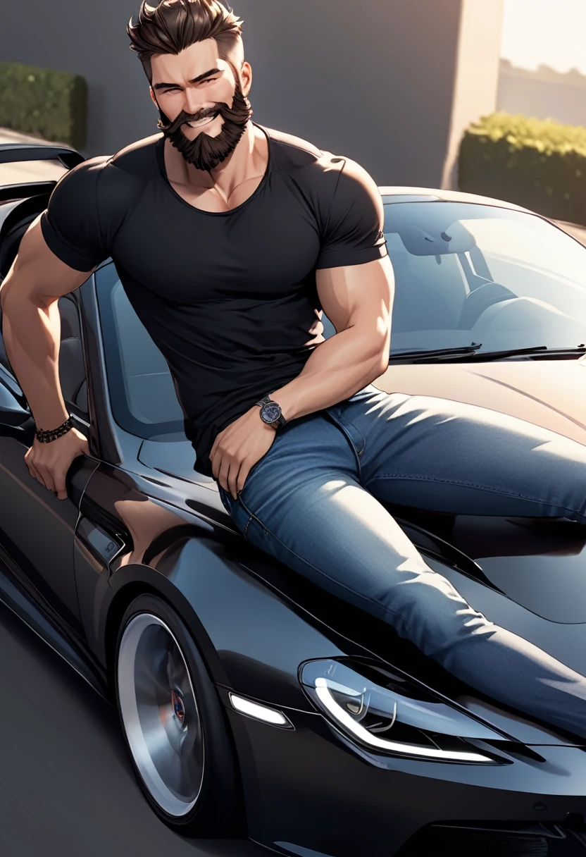 detailed illustration, dynamic angle, ultra-detailed, illustration, 1man, smirk, black shirt, jeans, sitting on a sports car, sexy, seductive, beard