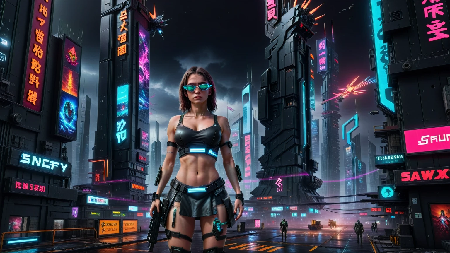 (((aerial view))) image of a cyberpunk cityscape, (((all-glass))) towering skyscrapers, a lot of neon lights and holographic billboards, futuristic, high-tech elements, 1drone. In the foreground, a woman, mechanical joints. at night, (((1girl, solo, alone))), photo realistic, (medium-breast slim body, cleavage), (((tank top, extreamly short pleated (((miniskirt))) exposing panty))), (((((black sunglasses))))), (((((aiming at camera with a (short gun), (looking at camera)))))), (((dynamic pose))), (((((half-body (thigh level) medium shot))))), (cinematic lighting).