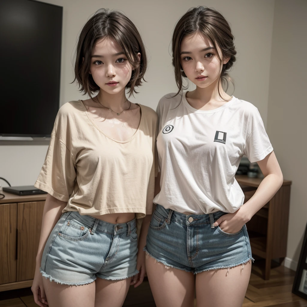 A beautiful girl wearing very short shorts and a loose shirt