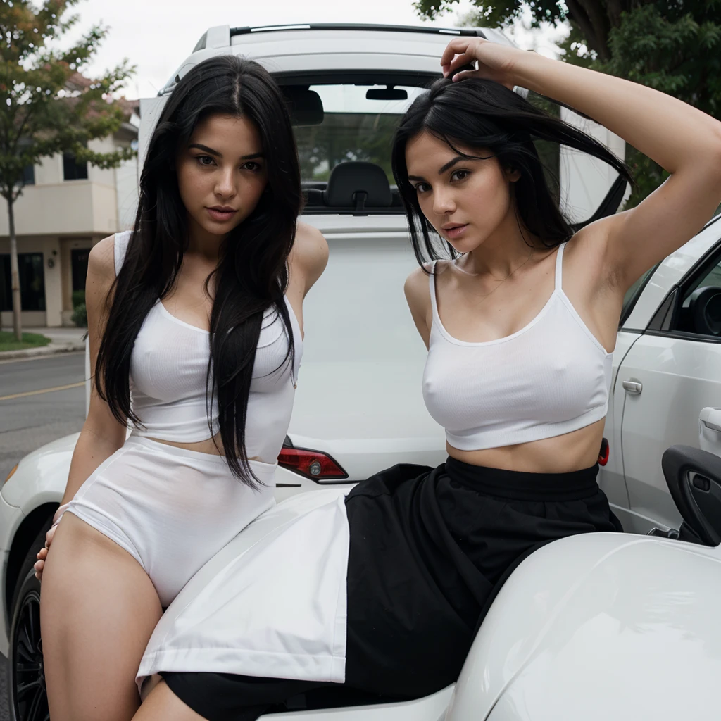 sexy white women, black hair, in front of car
