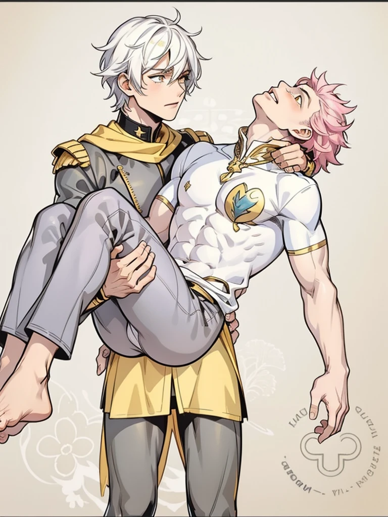 He is lifting a shitty boy in his arms., pink hair the other has white hair yellow eyes he is barefoot black suit with yellow and gold metals, Tight black superhero uniform with muscular body