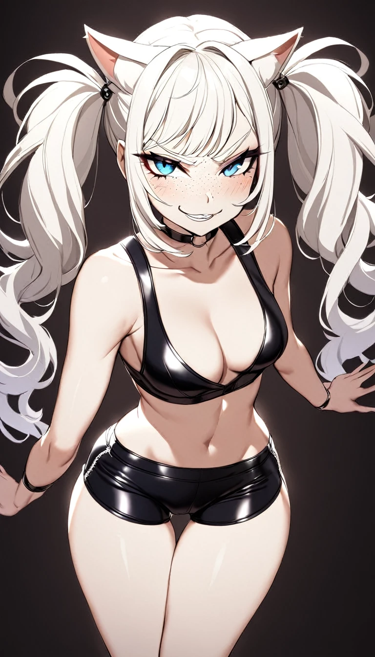 1 Girl, Cosplay Cat Girl, Medium Breasts, Booty Shorts, Blue Eyes, Platinum White Hair, Twin Tail Hair Style, Pale White Skin, Smooth Skin, Face Freckles, Leather Straps on Thighs, Nice Cleavage, Slutty, Sexy, Sassy, Smirking, Tease, Teasing,