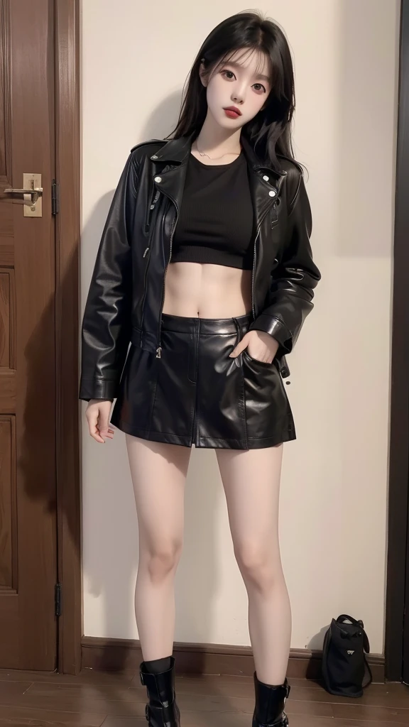 Japanese girl wearing a black leather jacket, black short skirt, wearing sandals, has six pack abs, black hair, 8k style