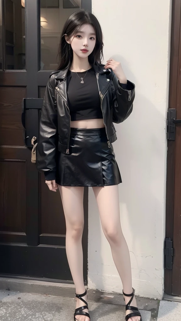 Japanese girl wearing a black leather jacket, black short skirt, wearing sandals, has six pack abs, black hair, 8k style