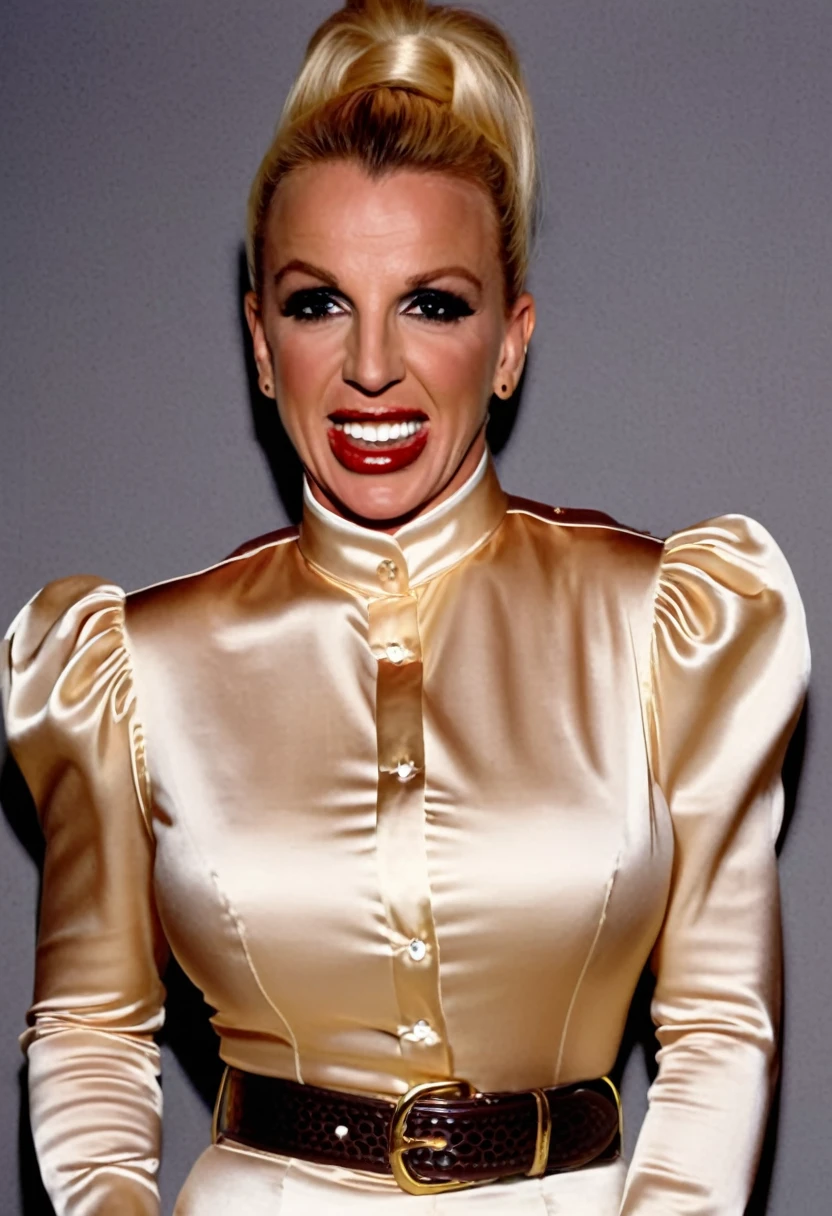 closeup shot in 1960, (muscular evil angry britney spears showing closed teeth with flared nostrils and furrowed brows:1.5) in a (closed satin skintight buttondown band collar blouse with large shoulder-pads and extremely tight belt:1.6), tight hairbun, silk gloves, (widened eyes), (muscular arms), subtle evil stare with flared nostrils, large shoulder-pads, (evil laugh), skintight satin pants defining her body, uptight, popped collar, stiff posture
