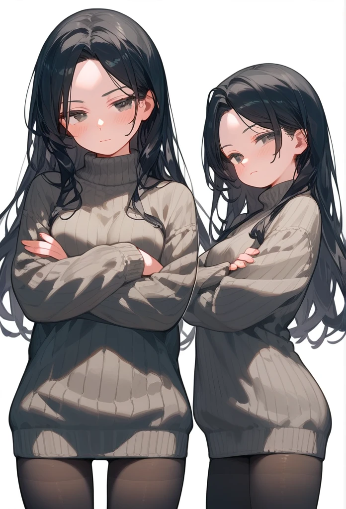 score_9, score_8_up, score_7_up, 1girl, woman, long hair, black hair, parted bangs, light black eyes, small breasts, innexpressive, sweater, Comfortable sleeves, sweater, blushing, narrowed eyes, closed mouth, standing, crossed arms, side view, thigh-high pantyhose, below view, upper body, masterpiece, best quality, white background