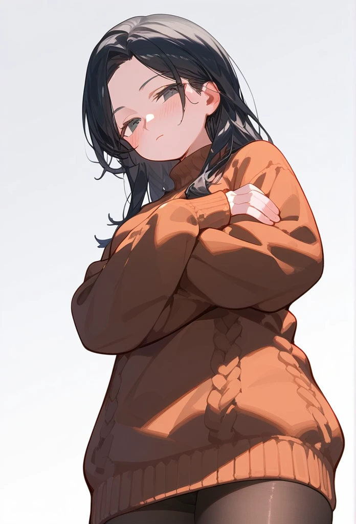 score_9, score_8_up, score_7_up, 1girl, woman, long hair, black hair, parted bangs, light black eyes, small breasts, innexpressive, sweater, Comfortable sleeves, sweater, blushing, narrowed eyes, closed mouth, standing, crossed arms, side view, thigh-high pantyhose, below view, upper body, masterpiece, best quality, white background