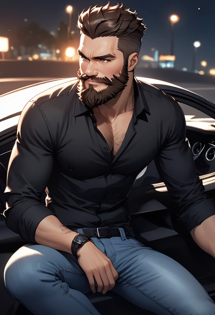 detailed illustration, dynamic angle, ultra-detailed, illustration, 1man, youthful, smirk, black shirt, jeans, sitting on a sports car, sexy, seductive, beard, night