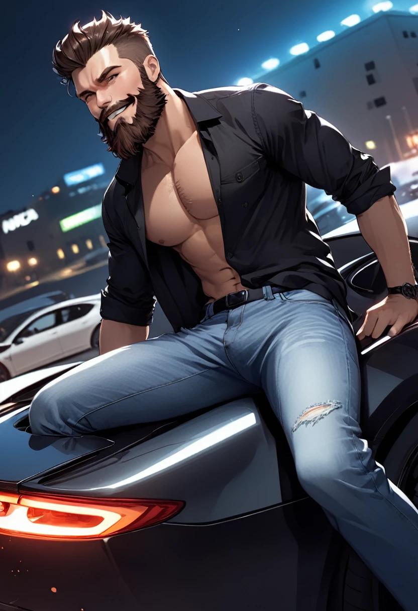 detailed illustration, dynamic angle, ultra-detailed, illustration, 1man, youthful, smirk, black shirt, jeans, sitting on a sports car, sexy, seductive, beard, night