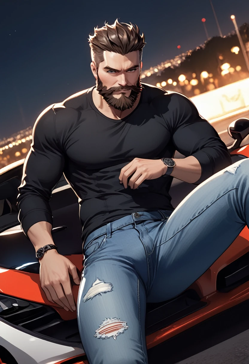 detailed illustration, dynamic angle, ultra-detailed, illustration, 1man, youthful, smirk, black shirt, jeans, sitting on a sports car, sexy, seductive, beard, night