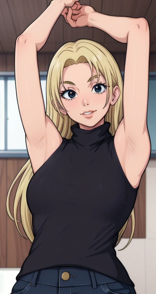 Yuki Tsukumo, 1girl, Adult Woman, 50 years , blonde, long hair, female focus, solo, black sleeveless turtleneck, facing viewer, arms up, armpits visible, detailed armpits