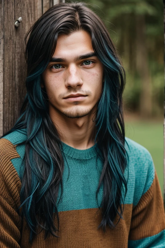 18 year old young man, with freckles on his face, with long raven hair, one eye green and the other blue, with brown sweater