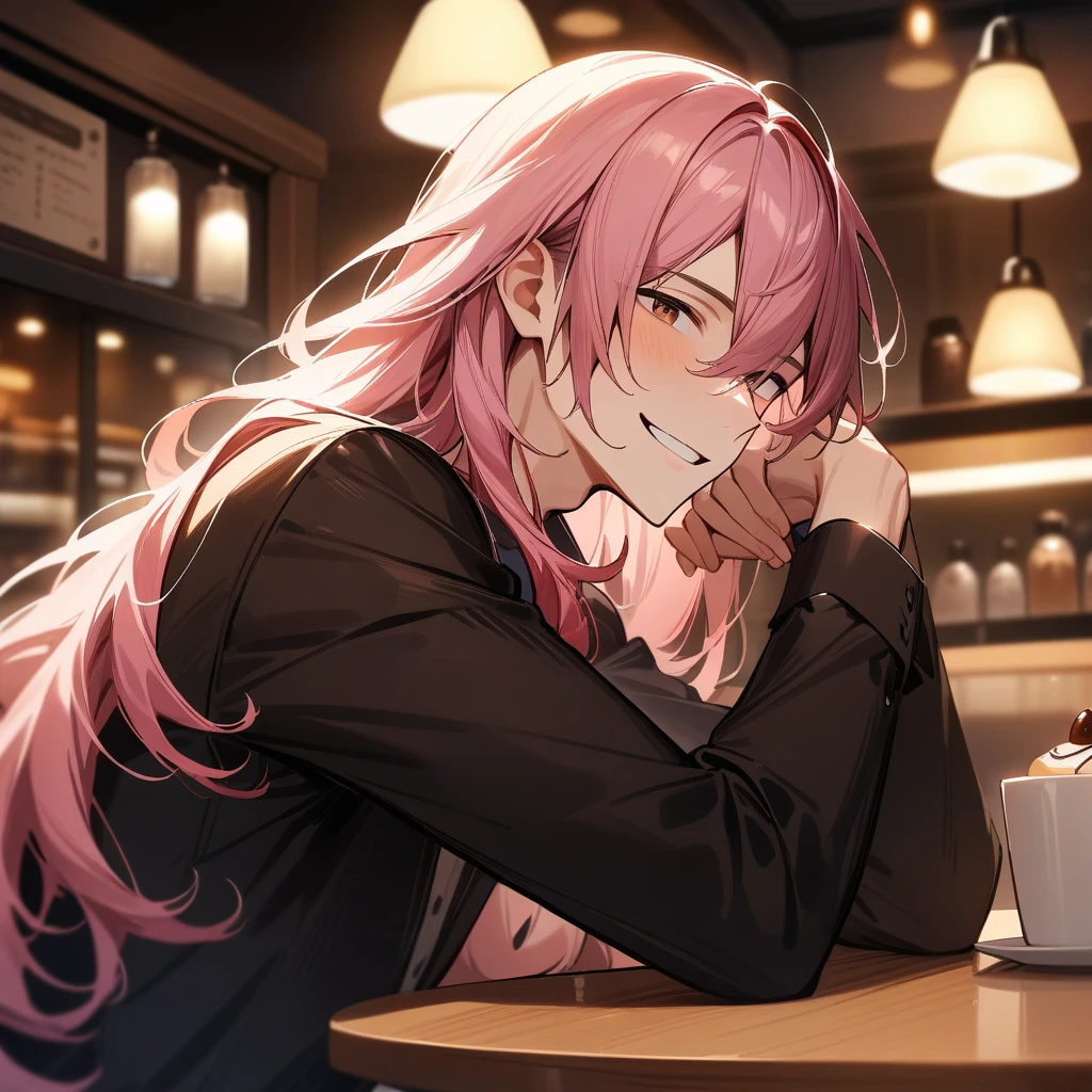 Long hair, 1boy, male focus, masterpiece, best quality, very aesthetic, absurdres, long pink hair, sitting at cafe table, cozy lighting, decadent, cafe background, smiling, happy, good hands, detailed, high quality, brown eyes, handsome