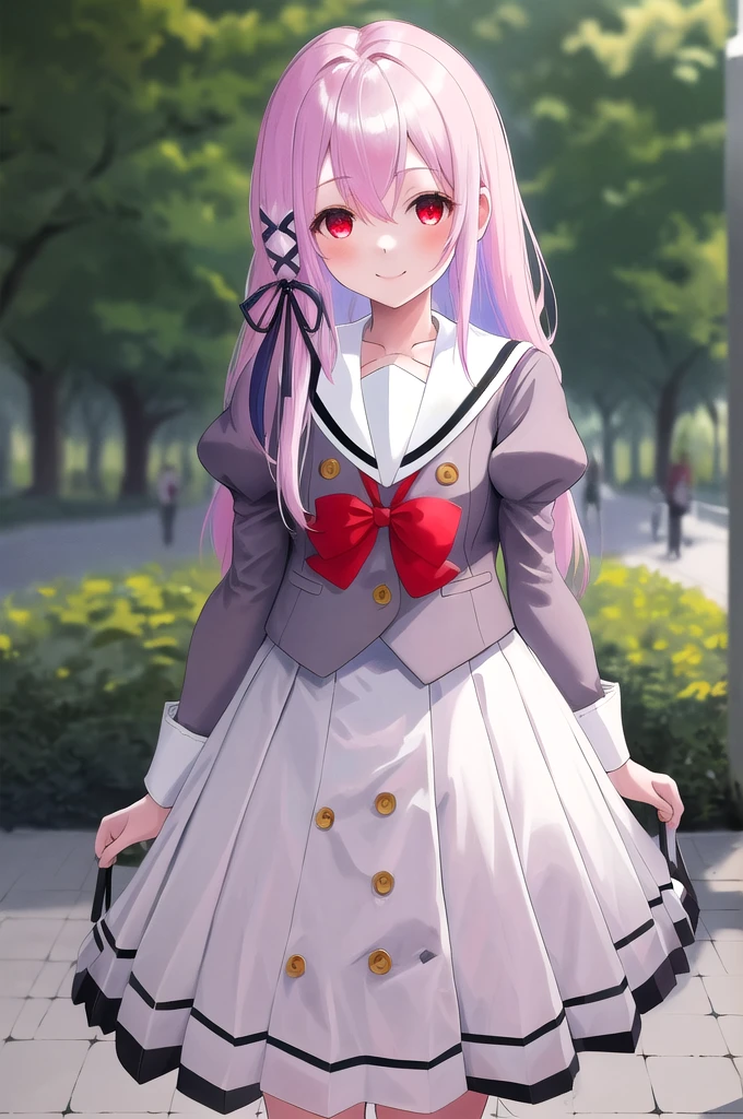 masterpiece, best quality, highres, 1girl kisara hair ribbon, grey serafuku red bow white skirt In a park standing looking at the viewer smiling happily.