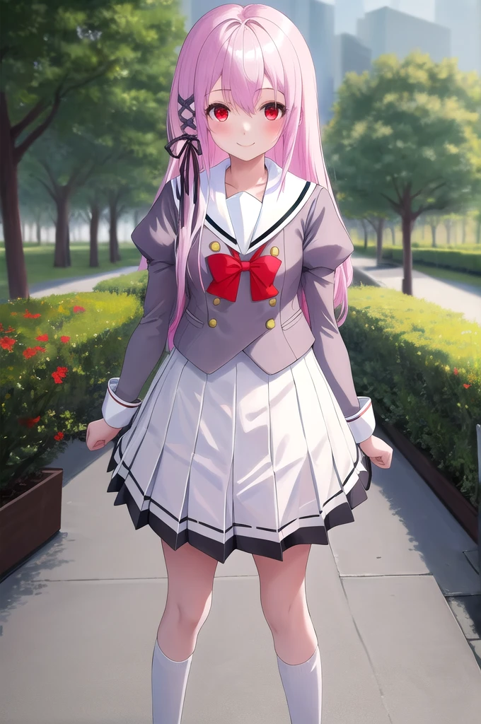 masterpiece, best quality, highres, 1girl kisara hair ribbon, grey serafuku red bow white skirt In a park standing looking at the viewer smiling happily.