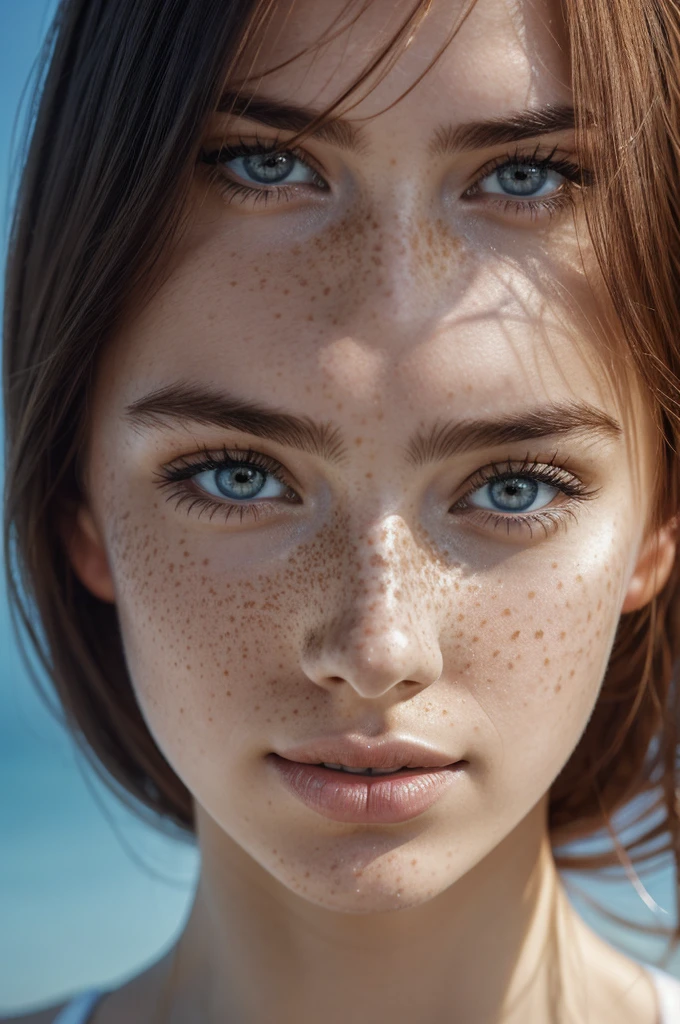 a young woman with freckled skin is photographing her face, al estilo de Dmitry Kustanovich, delicate modeling, Photomontage, felicia simion, UHD image, Ekaterina Panikanova, shiny and shiny --ar 70:101 --s 750 --v 5. 2