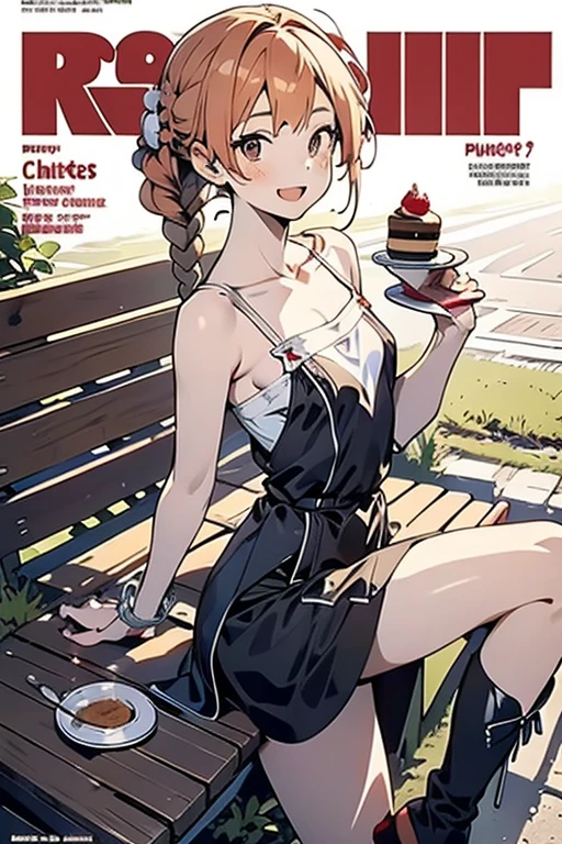 (small breasts:1.2), (perky chest:1.2), (pointed chest:1.2), (Pudding cake magazine cover:1.3),(from above:1.0),(shoot from the side:1.1),masterpiece, 1girl, Amazing Cleavage:1.1, thin waist, optimum,tmasterpiece,hight resolution,best qualtiy,hyper HD,super detailing,awardwinning,a 18yo cute girl,(The upper part of the body),anatomy correct,Beautiful Black miniskirt,garters,Gaze,Small face,bangss,holster,Beautuful Women,hands up,leg holster,Gaze,black boots,Cowboy Shot,cute face,a blond,Longhaire,Twin-tailed,Braids, Hairline,(scarlet eyes),long eyelasher,Hanging eye corners,White skin of the, ((see through camisole:1.1)), ((Sheer nipples:1.0)),Rocket Tits,(Slim body),smile,seductive weak smiling,(with sparkling eyes and a contagious smile),little open mouth, Looking at Viewer,