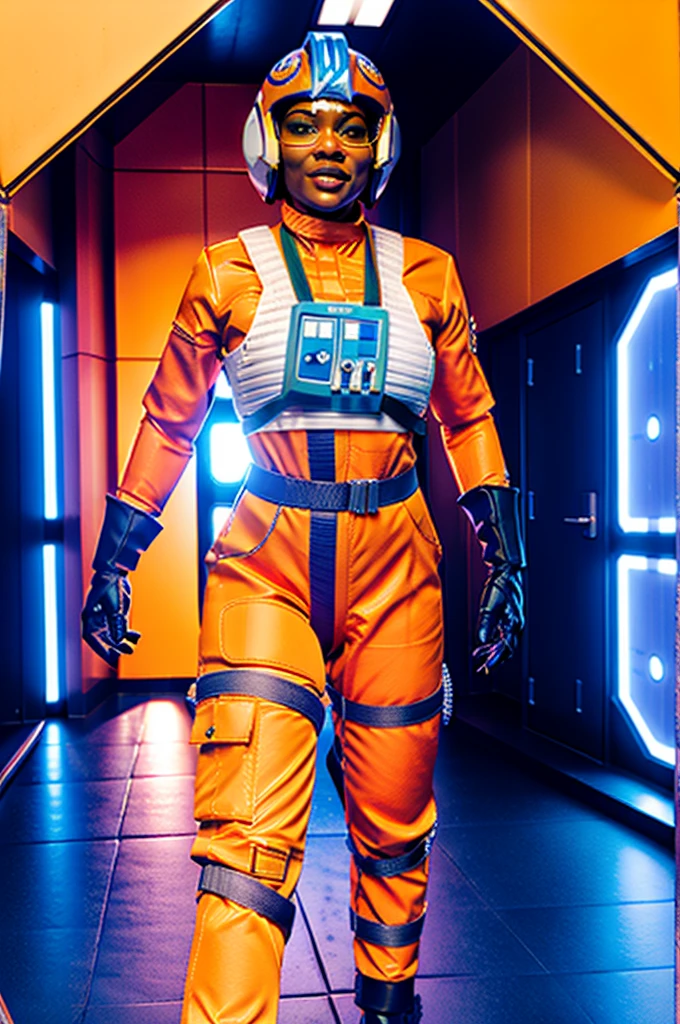 twilek in rebel pilot suit,orange skin,futuristic corridor,tech,space base