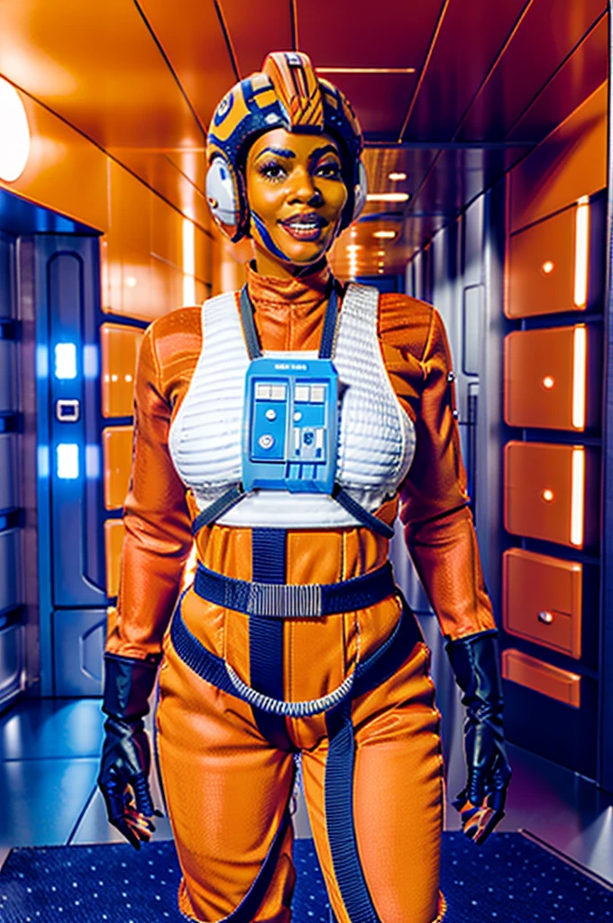 twilek in rebel pilot suit,orange skin,futuristic corridor,tech,space base