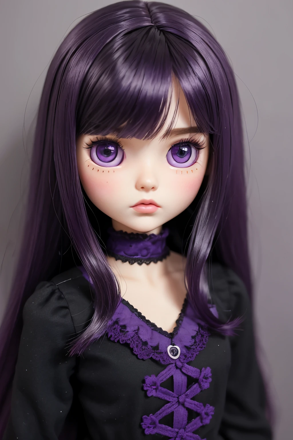 Make a Blythe Doll with dark purple straight hair, tied hairstyle, purples eyes, two spots on the face and a black outfit