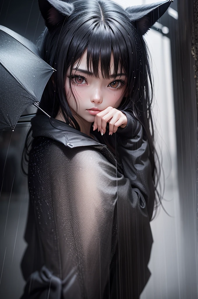 1girl, long black hair, uniform, shy, blush, wet, rain, transparent, (masterpiece, best quality), soft light, cinematic composition, cinematic light