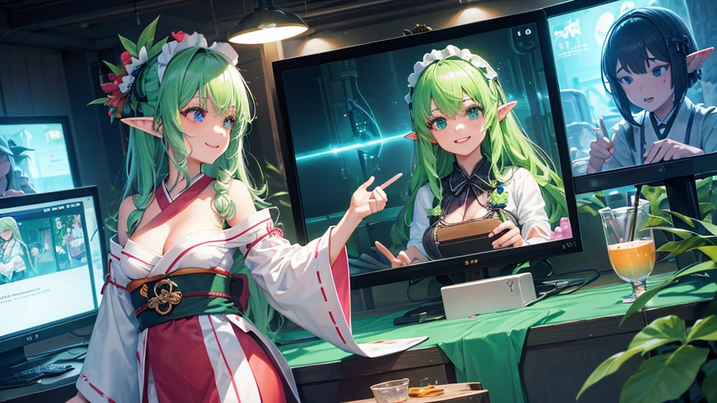 Elf（Maid clothes（kimono）　tropical　tropicalジュース（tray）　Tavern（Adventurer）　cyber punk　Green light swirling（hologram）　Multiple monitors behind（Streaming screen　magic circle）　Adventurer　Medieval Fantasy　smile　night　comics）