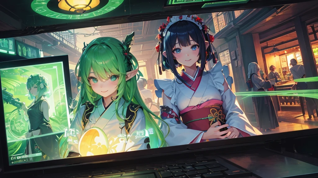 Elf（Maid clothes（kimono）　tropical　tropicalジュース（tray）　Tavern（Adventurer）　cyber punk　Green light swirling（hologram）　Multiple monitors behind（Streaming screen　magic circle）　Adventurer　Medieval Fantasy　smile　night　comics）