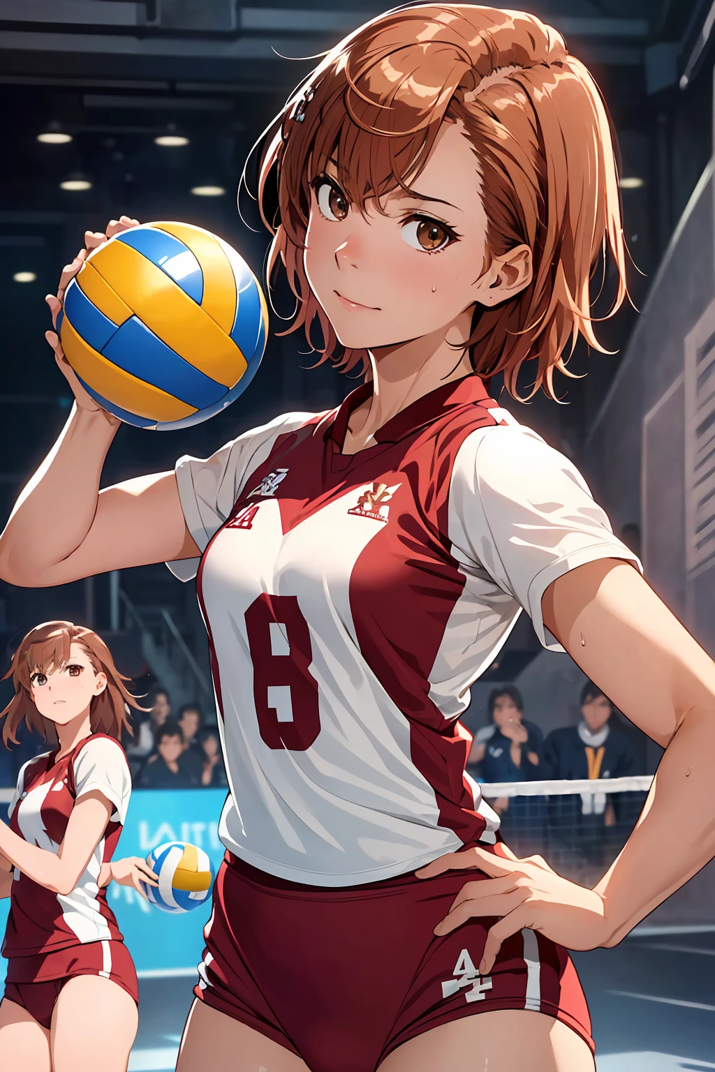(Highest quality:1.5, High resolution, uhd, 4K, Detailed lighting, Shaders), ((Misaka Mikoto)) ,solo short hair Brown Hair Brown eyes Cool face ((Volleyball Uniforms))++ Realistic gym Sweat Super oily skin Preparing for exercise No ball ((No sleeve)) Cowboy Shot