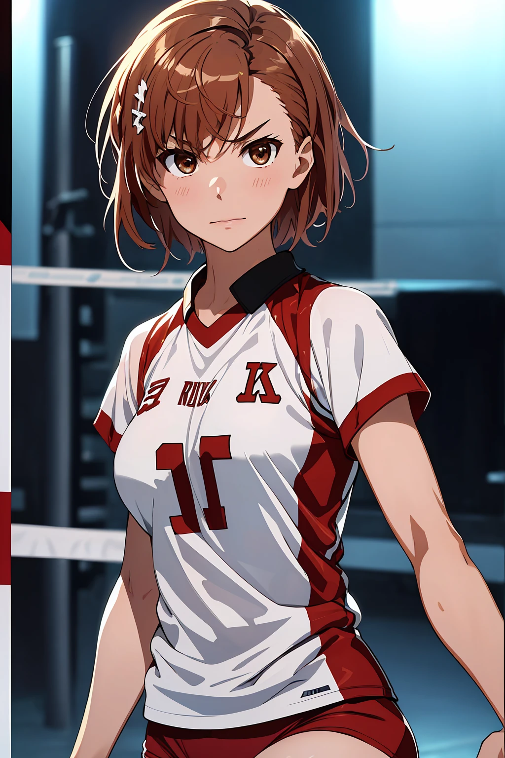 (Highest quality:1.5, High resolution, uhd, 4K, Detailed lighting, Shaders), ((Misaka Mikoto)) ,solo short hair　Brown Hair　Brown eyes　Cool face　　((Volleyball Uniforms))++　Realistic gym　 Sweat　Super oily skin　　Preparing for exercise　No ball　No sleeve　Cowboy shot Beautiful ass　Side angle