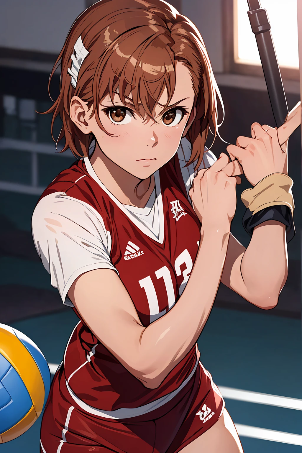 (Highest quality:1.5, High resolution, uhd, 4K, Detailed lighting, Shaders), ((Misaka Mikoto)) ,solo short hair Brown Hair Brown eyes Cool face ((Volleyball Uniforms))++ Realistic gym Sweat Super oily skin Preparing for exercise No ball ((No sleeve)) Cowboy Shot