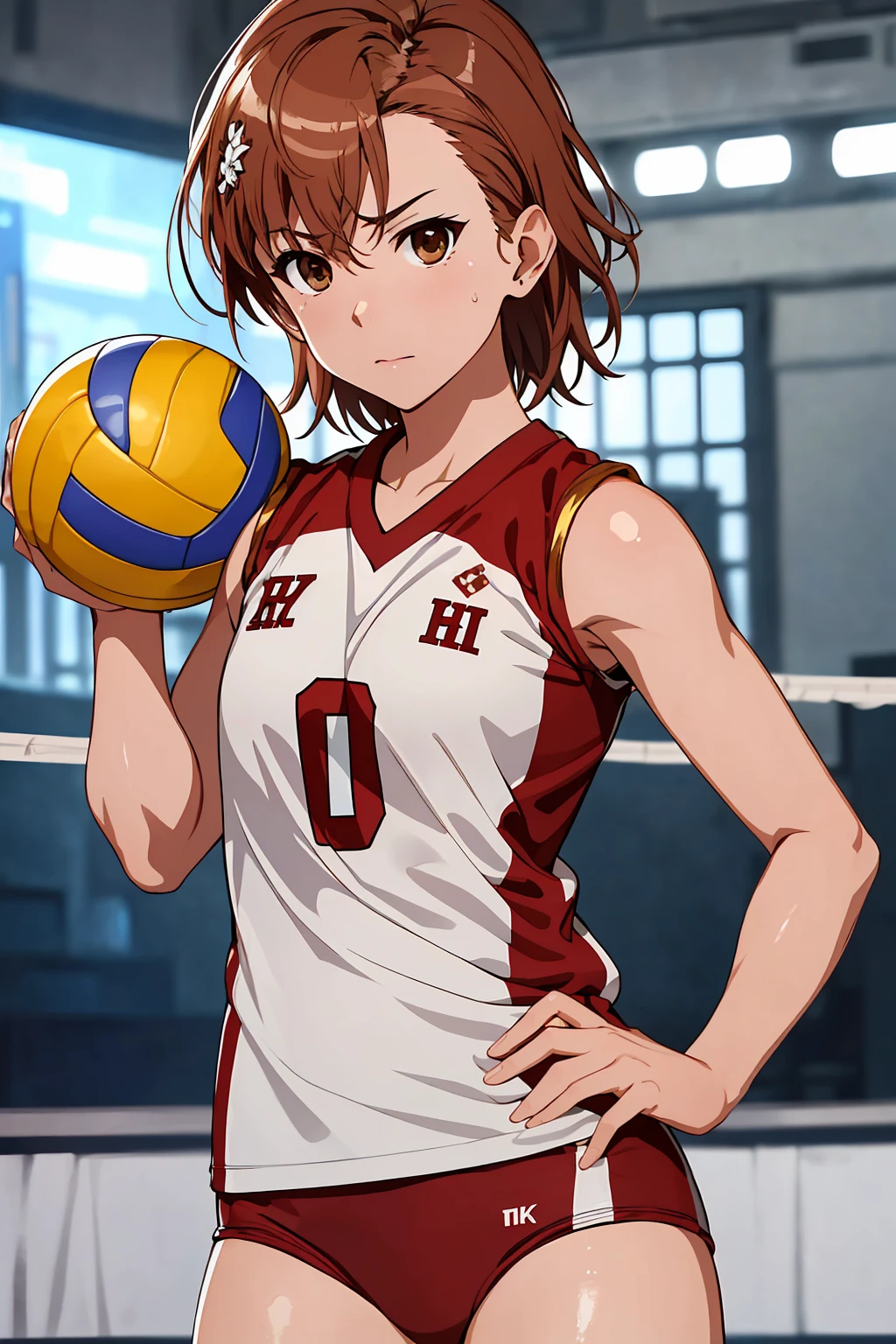 (Highest quality:1.5, High resolution, uhd, 4K, Detailed lighting, Shaders), ((Misaka Mikoto)) ,solo short hair Brown Hair Brown eyes Cool face ((Volleyball Uniforms))++ Realistic gym Sweat Super oily skin Preparing for exercise No ball ((No sleeve)) Cowboy Shot
