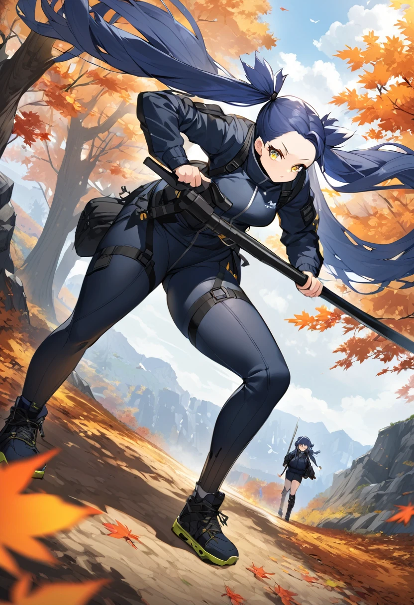 (One very tall woman,Navy Blue Hair,Her hairstyle is twin tails that expose her forehead.,Medium chest,yellow eyes,Dynamic Angle)Japanese spear-wielding woman,Techwear,The background is a hiking trail with autumn leaves on the mountain