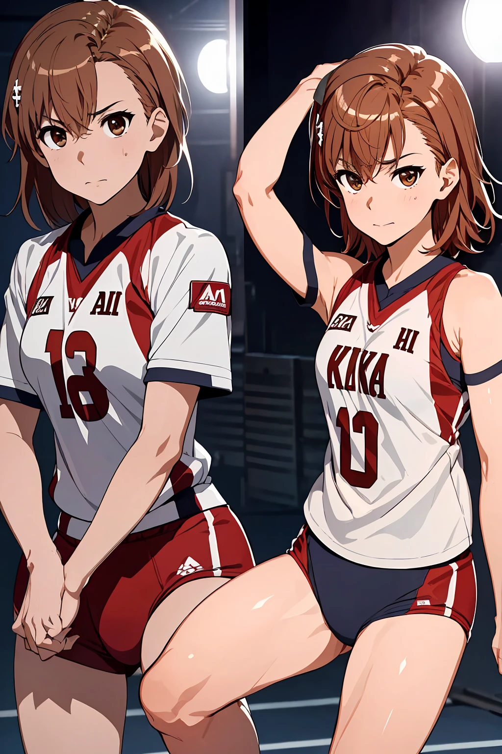 (Highest quality:1.5, High resolution, uhd, 4K, Detailed lighting, Shaders), ((Misaka Mikoto)) ,solo short hair　Brown Hair　Brown eyes　Cool face　　((Volleyball Uniforms))++　Realistic gym　 Sweat　Super oily skin　　Preparing for exercise　No ball　((No sleeve))　Cowboy Shot
