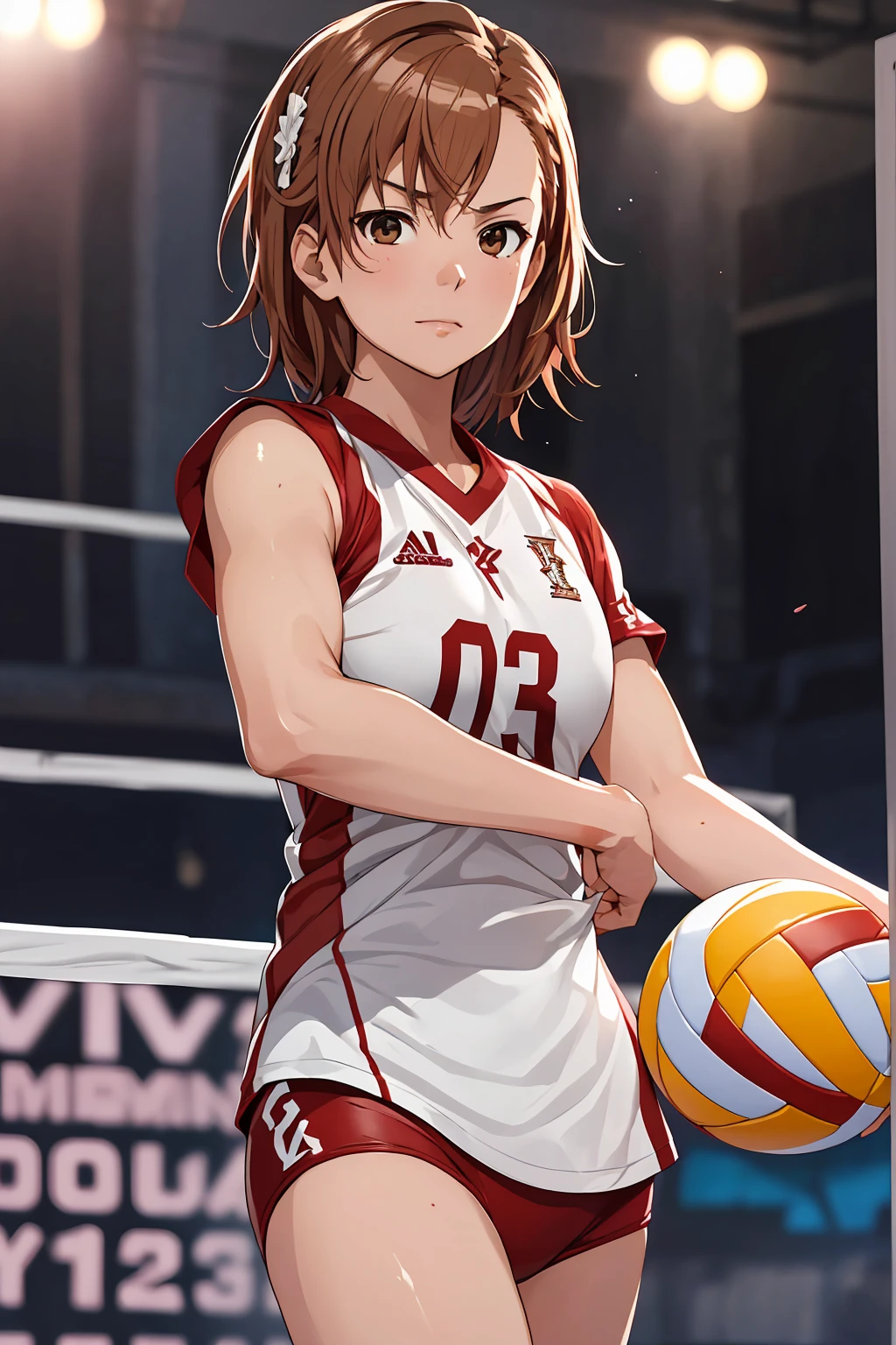 (Highest quality:1.5, High resolution, uhd, 4K, Detailed lighting, Shaders), ((Misaka Mikoto)) ,solo short hair Brown Hair Brown eyes Cool face ((Volleyball Uniforms))++ Realistic gym Sweat Super oily skin Preparing for exercise No ball ((No sleeve)) Cowboy Shot