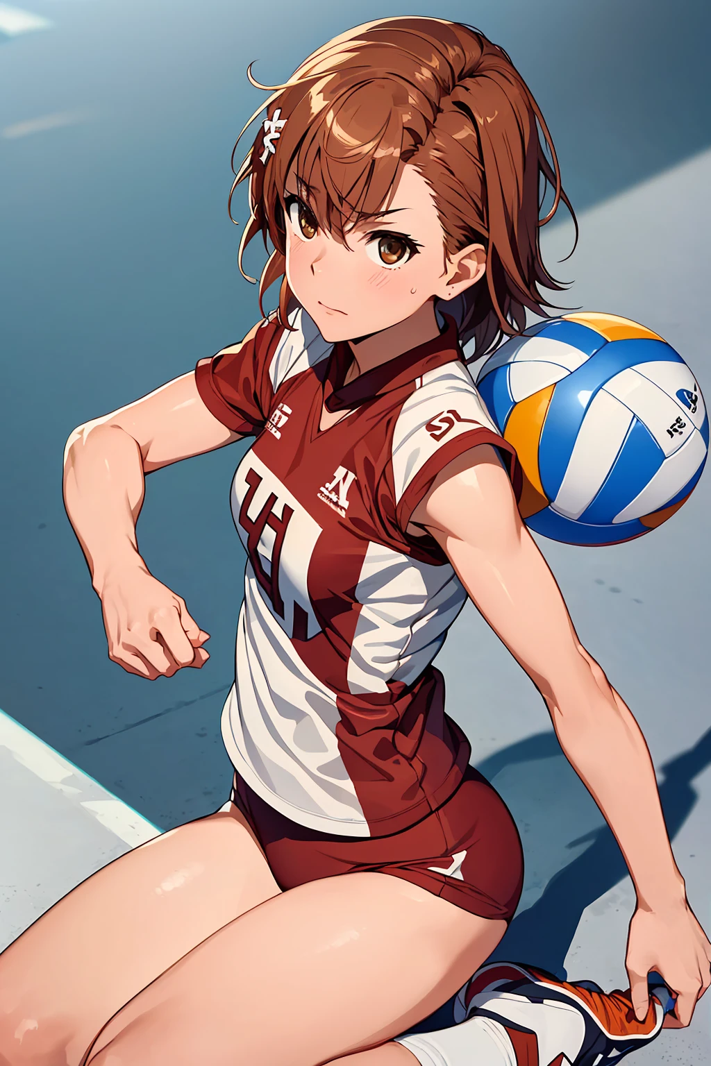 (Highest quality:1.5, High resolution, uhd, 4K, Detailed lighting, Shaders), ((Misaka Mikoto)) ,solo short hair Brown Hair Brown eyes Cool face ((Volleyball Uniforms))++ Realistic gym Sweat Super oily skin Preparing for exercise No ball ((No sleeve)) Cowboy shot Beautiful ass Side angle