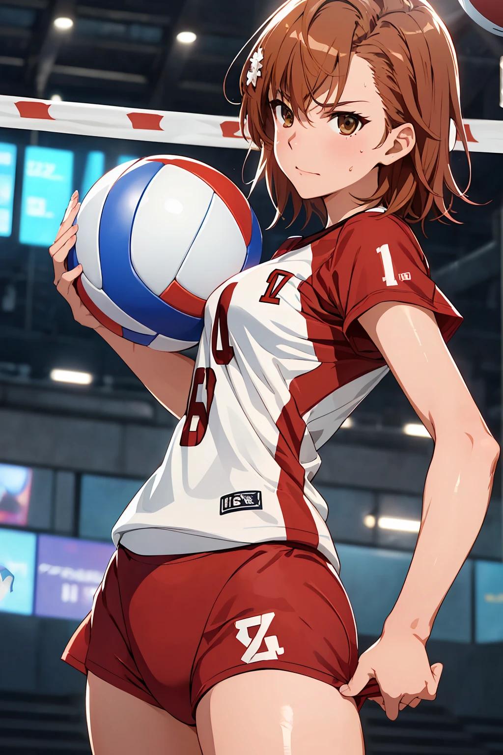 (Highest quality:1.5, High resolution, uhd, 4K, Detailed lighting, Shaders), ((Misaka Mikoto)) ,solo short hair　Brown Hair　Brown eyes　Cool face　　((Volleyball Uniforms))++　Realistic gym　 Sweat　Super oily skin　　Preparing for exercise　No ball　((No sleeve))　Cowboy shot Beautiful ass　Side angle