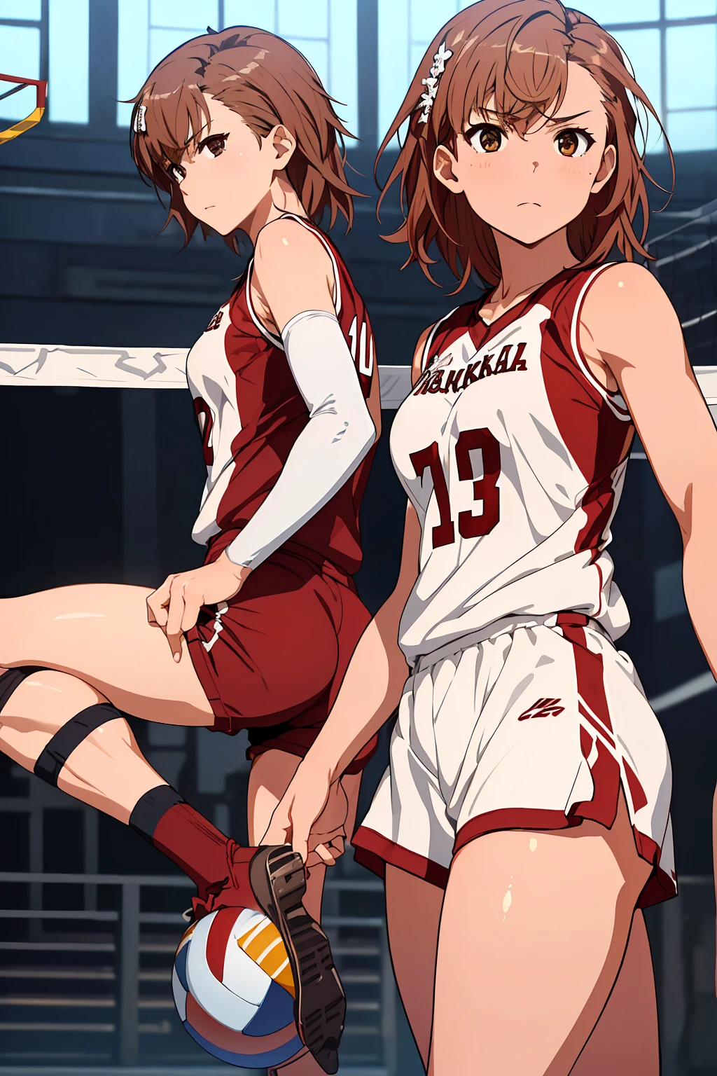 (Highest quality:1.5, High resolution, uhd, 4K, Detailed lighting, Shaders), ((Misaka Mikoto)) ,solo short hair Brown Hair Brown eyes Cool face ((Volleyball Uniforms))++ Realistic gym Sweat Super oily skin Preparing for exercise No ball ((No sleeve)) Cowboy shot Beautiful ass Side angle