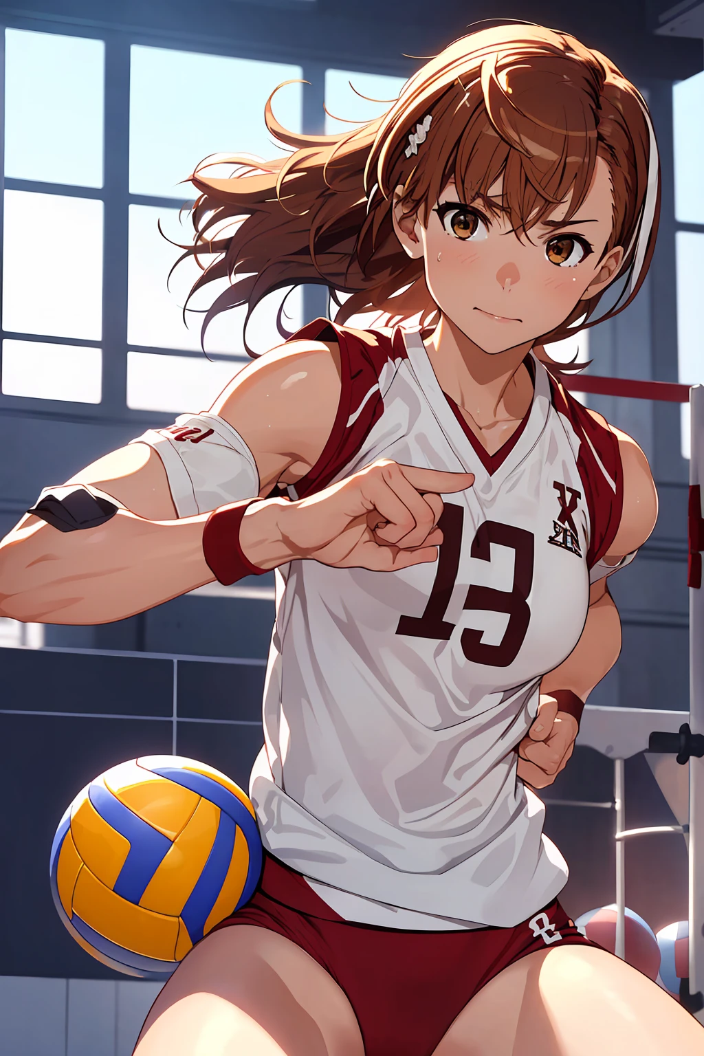 (Highest quality:1.5, High resolution, uhd, 4K, Detailed lighting, Shaders), ((Misaka Mikoto)) ,solo short hair　Brown Hair　Brown eyes　Cool face　　((Volleyball Uniforms))++　Realistic gym　 Sweat　Super oily skin　　Preparing for exercise　No ball　No sleeve　Cowboy Shot