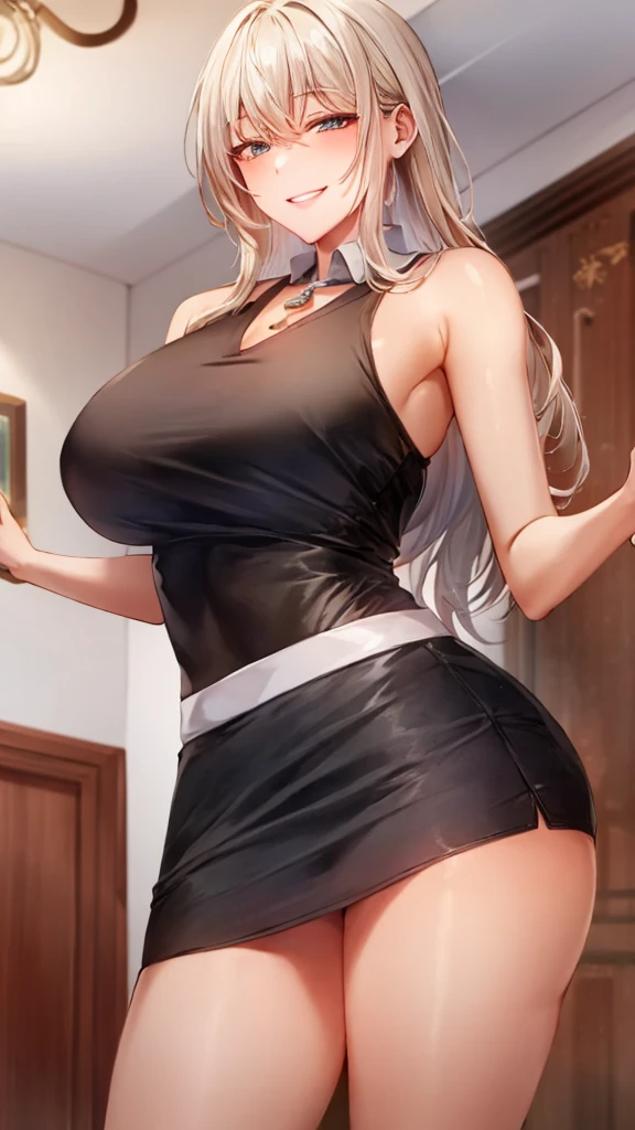 masterpiece, Superior Quality, High resolution, masterpiece, One adult woman, Wicked Smile, Wicked Smile, Evil plan, Brown fur, Black and white outfit , Long Hair, Get the Eyes, mini skirt, Rooms in the house, Holding the key in hand