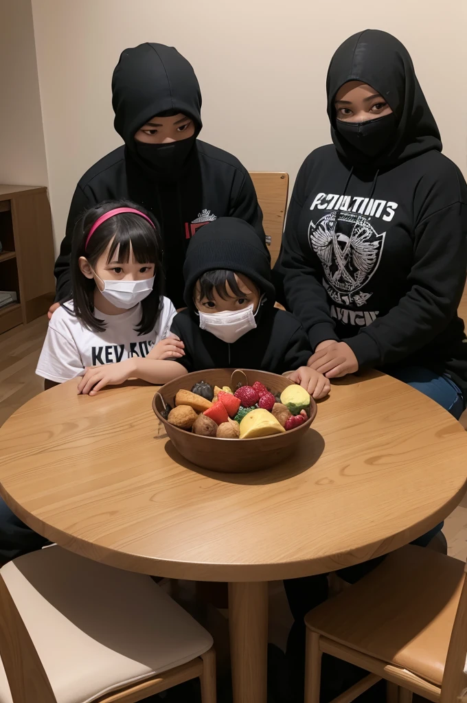 Generate 4 children sitting around a table, one of them is fat, one is black, one is autistic and one is skinny, on the table there are 4 ak 47 and 4 balaclavas