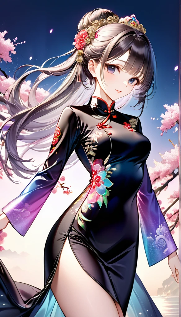 best quality, incredibly absurdres, extremely detailed, 2.5D, delicate and dynamic, beautiful woman, intelligent cool beauty, captivating look, tight up hair, wearing iridescent gradient sleeved cheongsam features intricate and luxurious embroidery, shiny satin fabric, accessories, superlative body proportion, gorgeous and gorgeous effects, background aristocratic social setting